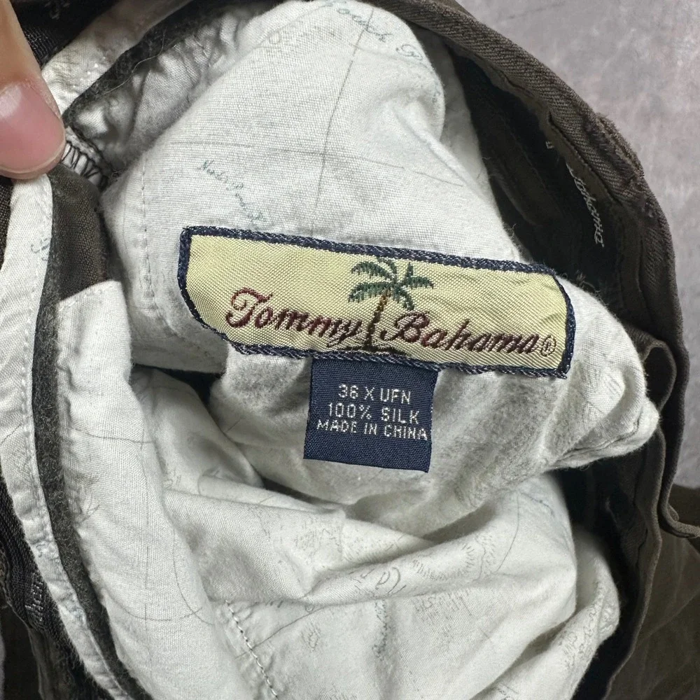 Tommy Bahama Mens 36 100% Silk Pleated Relaxed Trousers Olive Brown Casual Pants